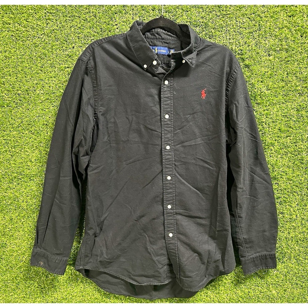 Ralph Lauren Mens Solid Black Button Down Long Sleeve Shirt Large Red Pony Logo
